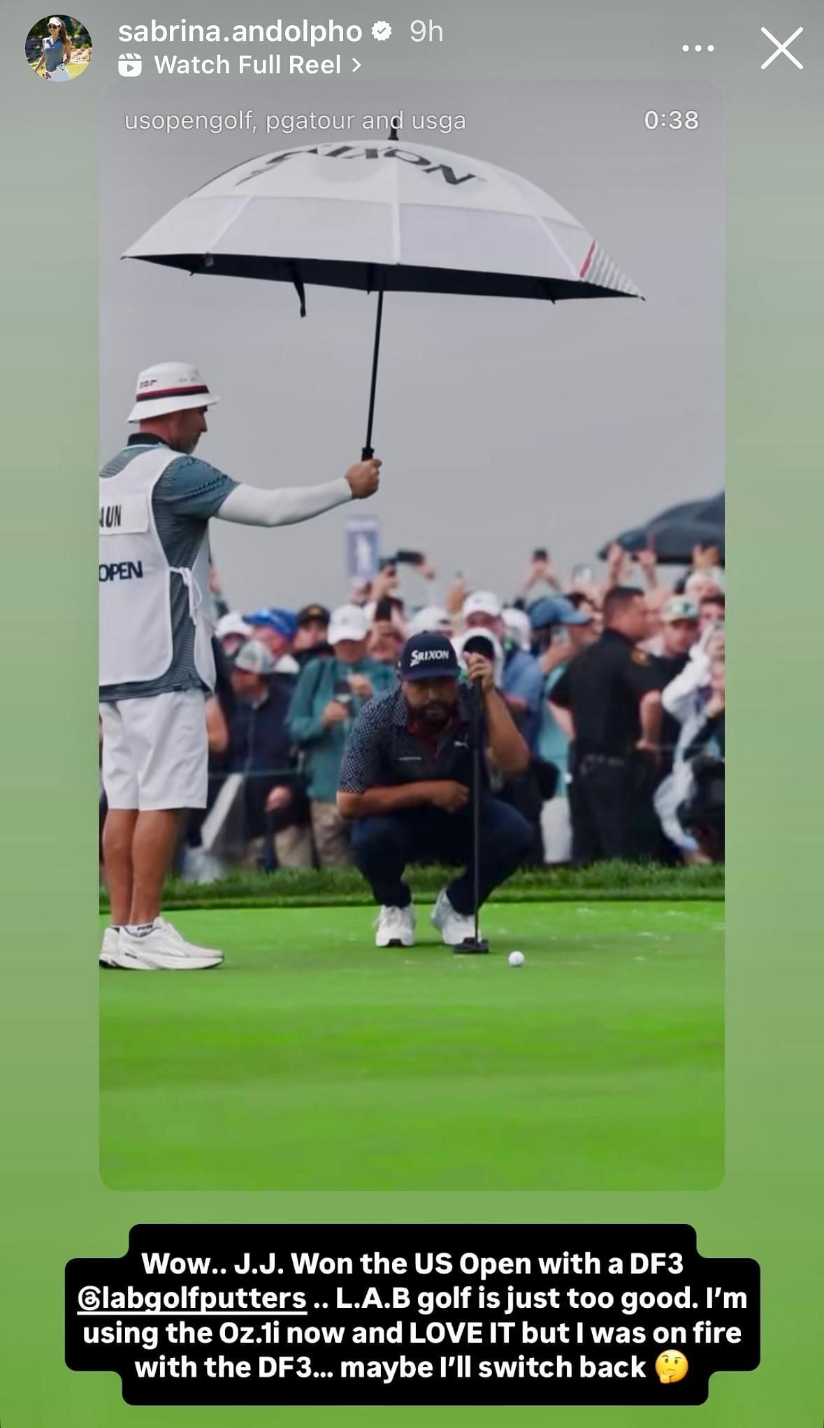 Sabrina Andolpho's Instagram story featuring JJ Spaun's US Open victory moment